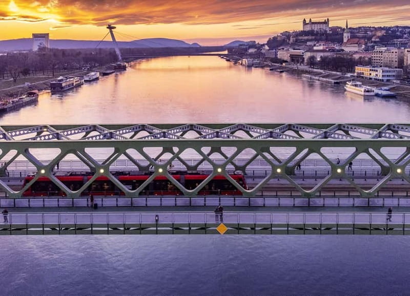 Bratislava: Panorama Cruise with Unlimited Prosecco - Under SNP Bridge and toward Lanfranconi Bridge