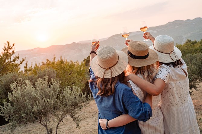 Sunset wine tasting in vineyard - The walk through olive trees, herbs, and vines
