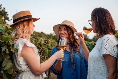 Sunset wine tasting in vineyard